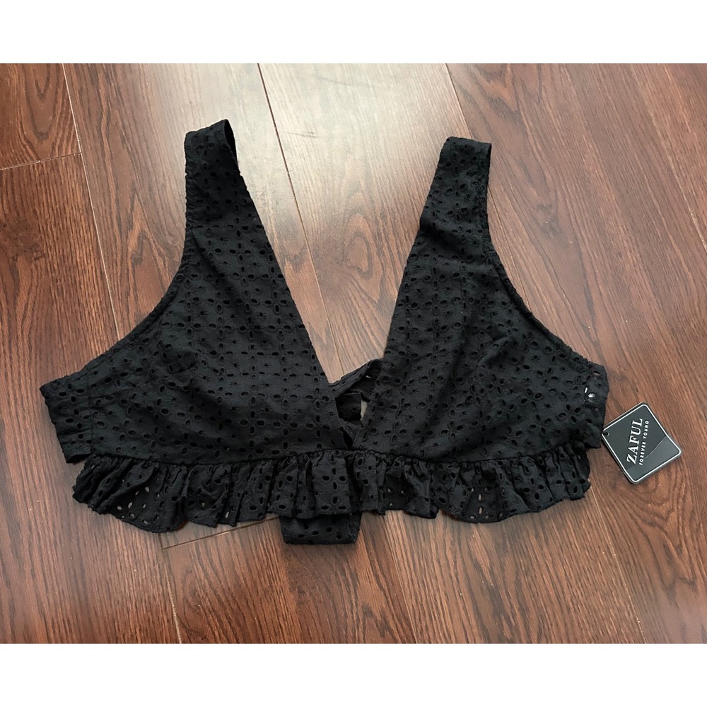 Zaful Black Eyelet Embroidered Ruffle Tie Back Crop Top Juniors XL NWT